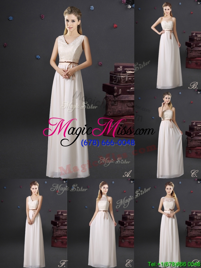 wholesale cheap v neck belted and laced off white bridesmaid dress in chiffon