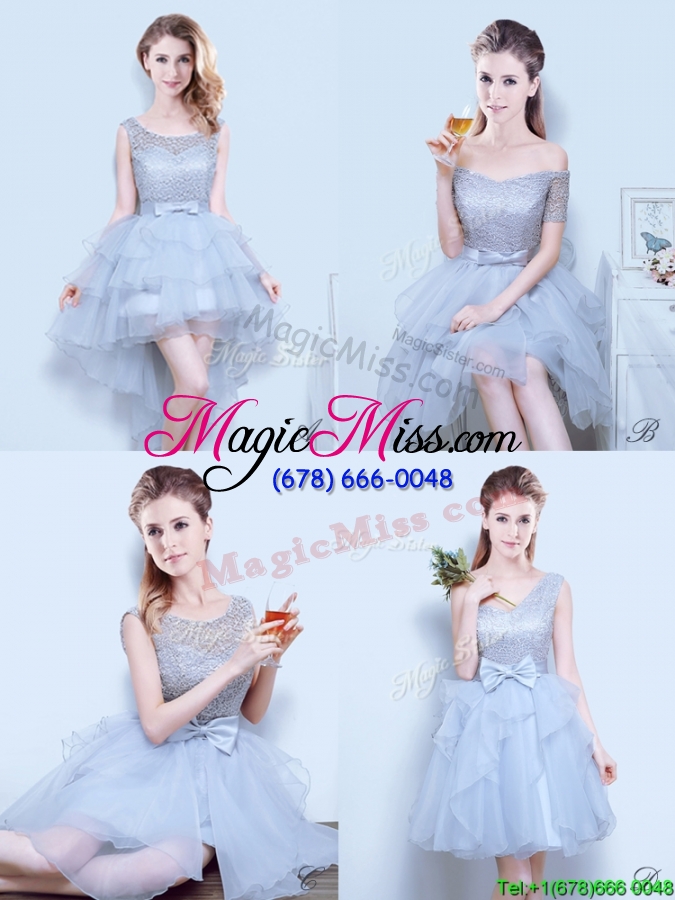 wholesale latest see through scoop bridesmaid dress with ruffles and bowknot