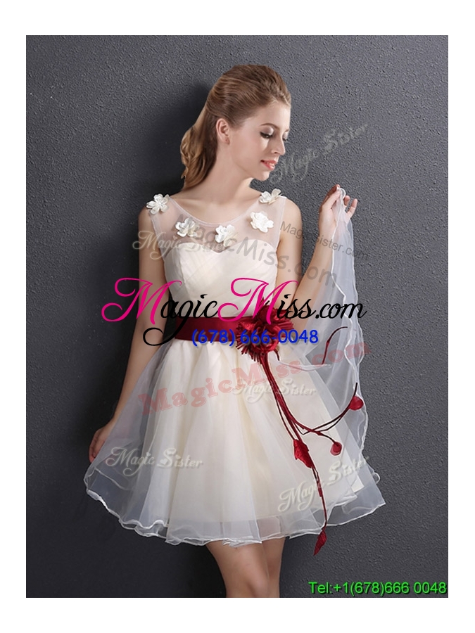 wholesale lovely see through scoop champagne prom dress with appliques