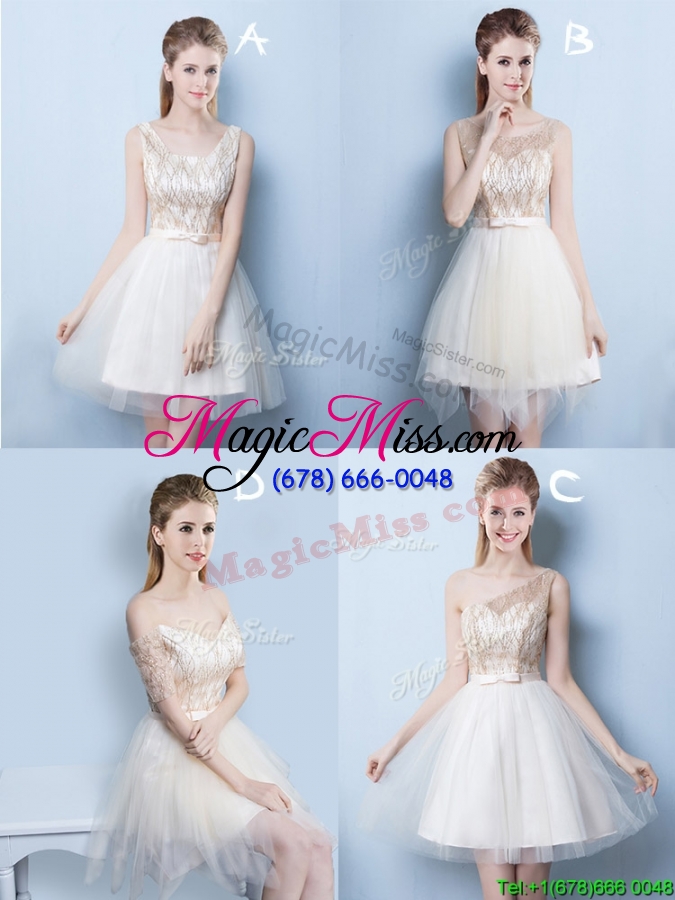 wholesale popular champagne square short prom dress with sequins and bowknot