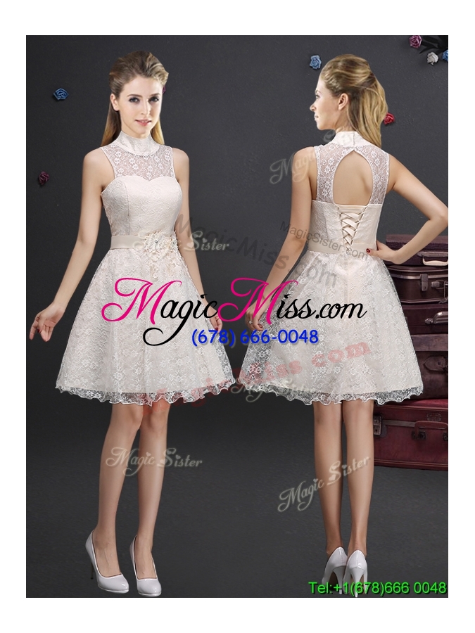 wholesale cheap applique and laced knee length prom dress in champagne