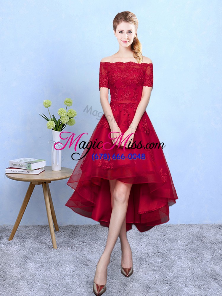 wholesale designer appliques bridesmaid gown wine red lace up short sleeves high low