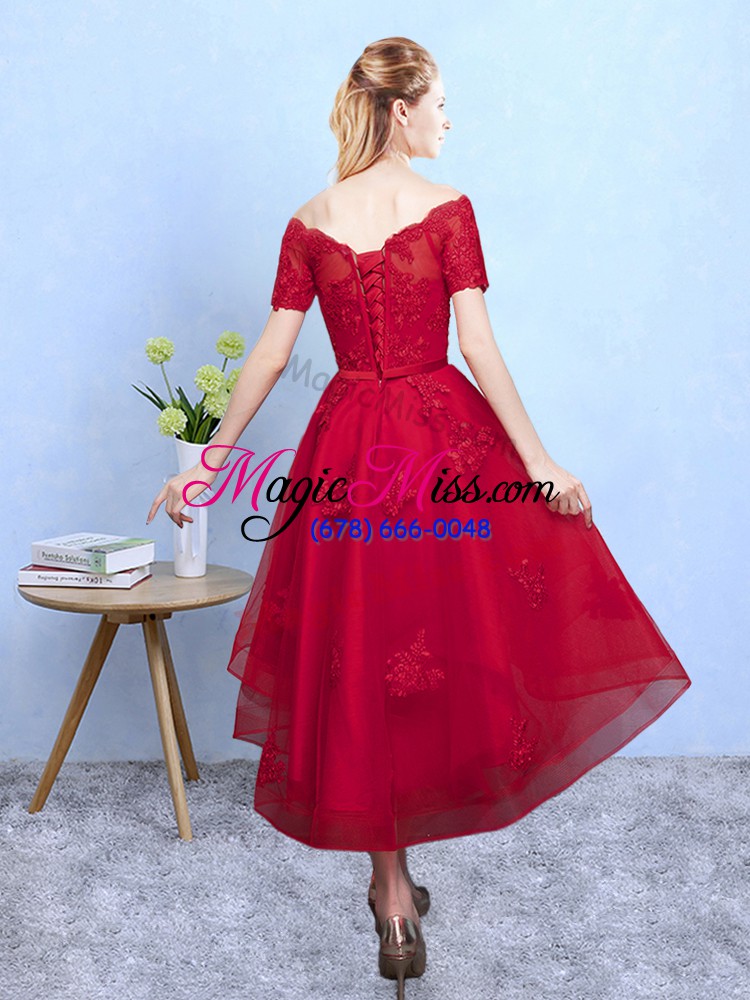 wholesale designer appliques bridesmaid gown wine red lace up short sleeves high low