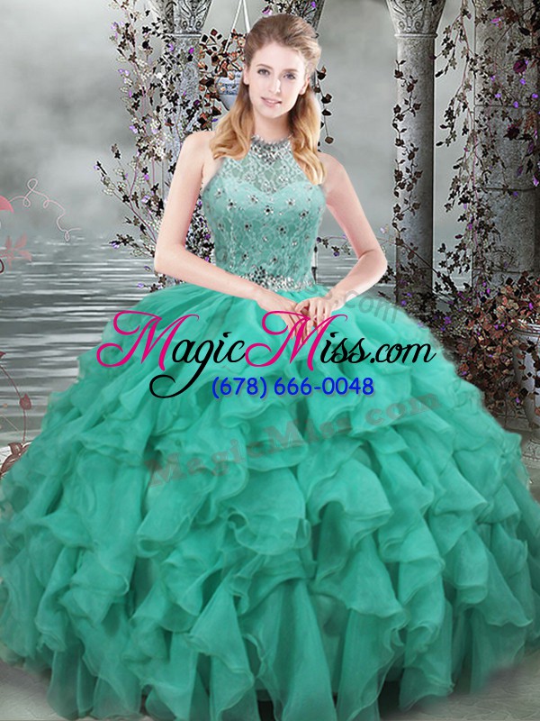 wholesale turquoise organza lace up scoop sleeveless vestidos de quinceanera brush train beading and ruffles