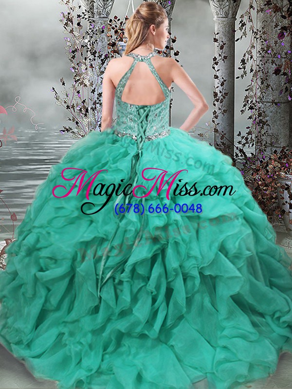 wholesale turquoise organza lace up scoop sleeveless vestidos de quinceanera brush train beading and ruffles