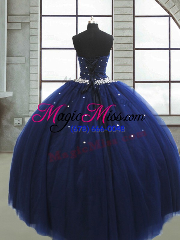 wholesale sleeveless floor length beading lace up quinceanera gown with navy blue