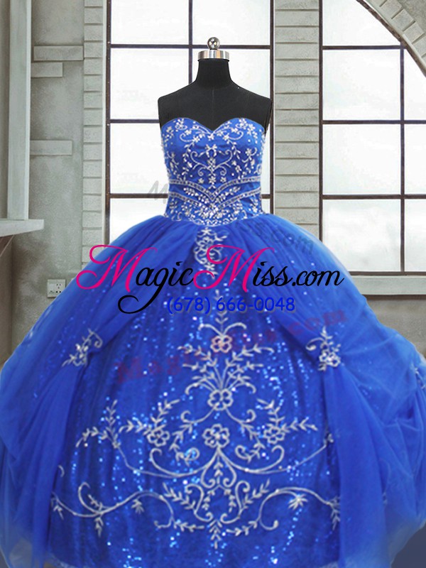 wholesale romantic sleeveless tulle floor length lace up quinceanera gowns in blue with beading and appliques