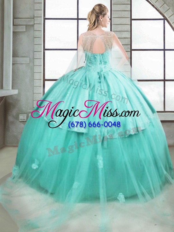 wholesale attractive turquoise ball gowns scoop sleeveless tulle brush train lace up beading and ruching vestidos de quinceanera