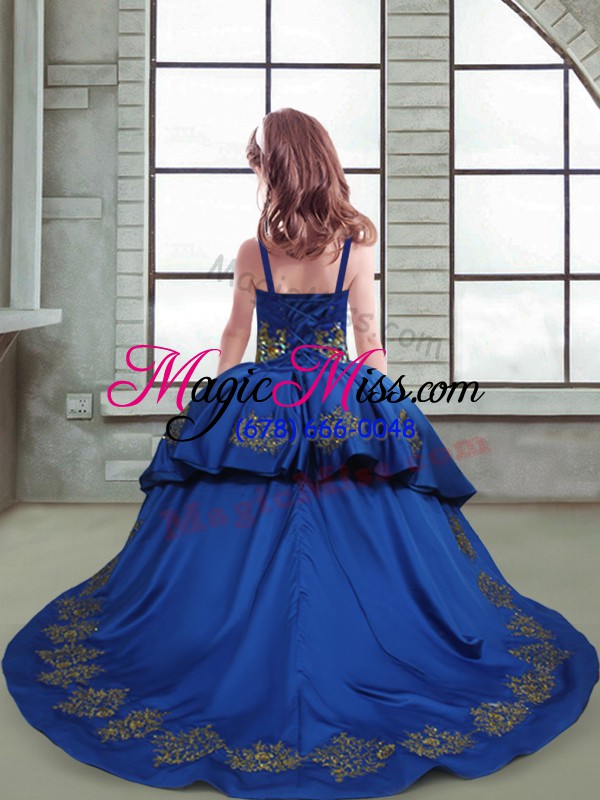 wholesale beauteous royal blue girls pageant dresses spaghetti straps sleeveless brush train lace up