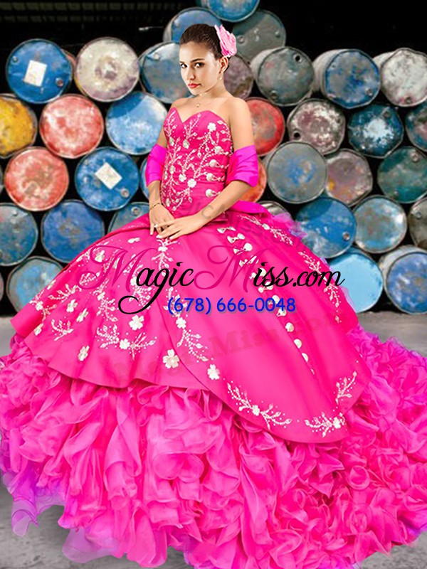 wholesale beauteous hot pink sweetheart lace up embroidery and ruffles 15 quinceanera dress brush train sleeveless
