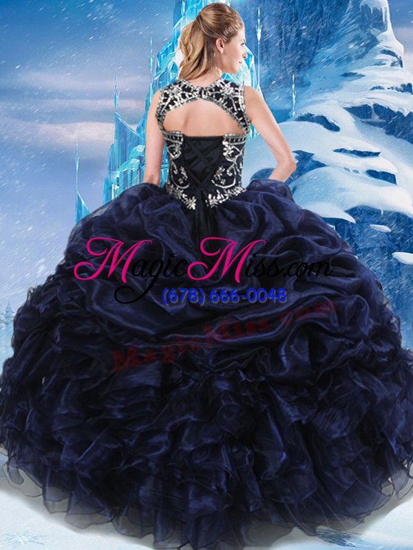 wholesale navy blue high-neck neckline appliques and ruffles and pick ups quinceanera gowns sleeveless lace up