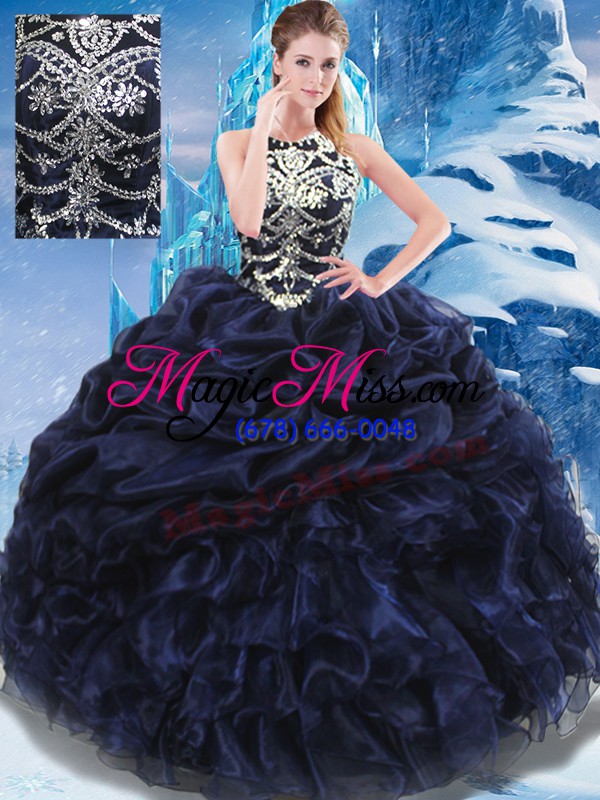 wholesale navy blue high-neck neckline appliques and ruffles and pick ups quinceanera gowns sleeveless lace up