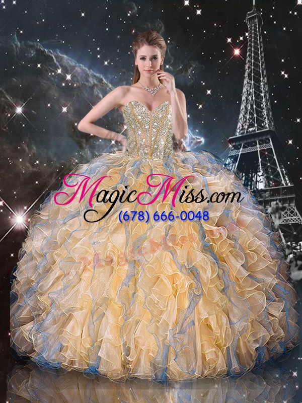 wholesale high quality sweetheart sleeveless lace up 15th birthday dress gold organza