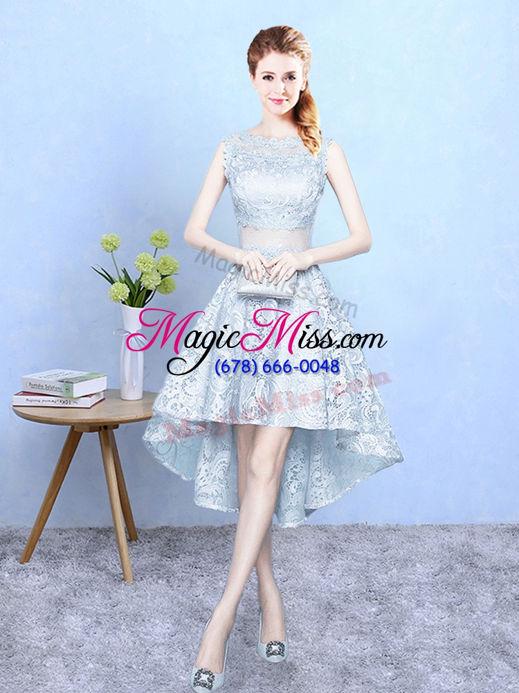 wholesale light blue a-line lace wedding party dress zipper lace sleeveless high low