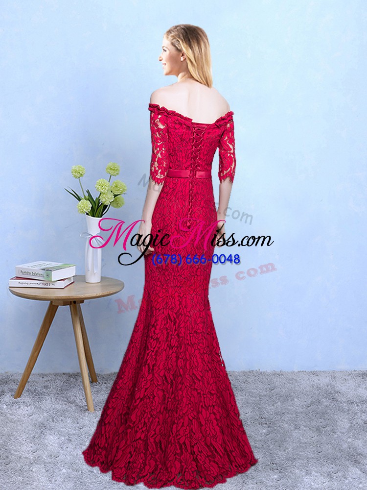 wholesale half sleeves lace floor length lace up wedding guest dresses in wine red with lace