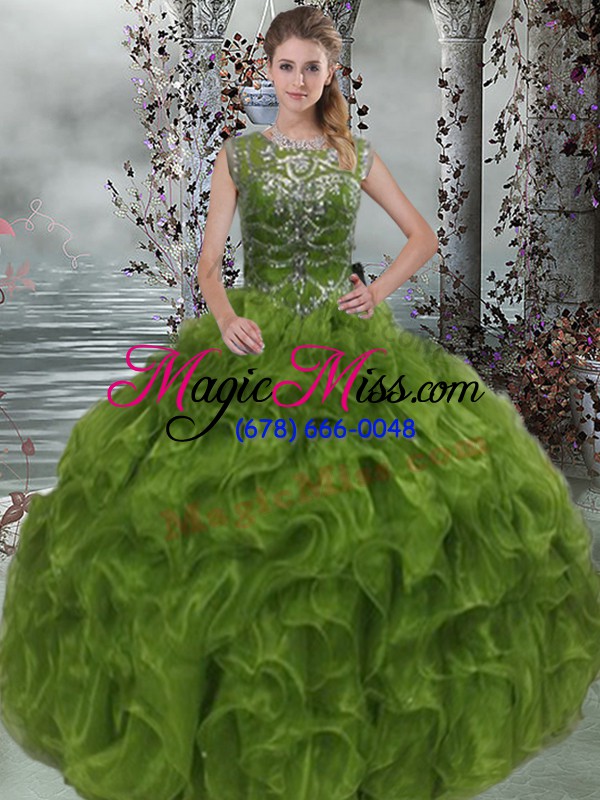 wholesale olive green ball gowns organza scoop sleeveless beading and ruffles floor length lace up quinceanera gowns