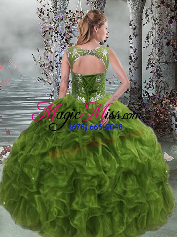 wholesale olive green ball gowns organza scoop sleeveless beading and ruffles floor length lace up quinceanera gowns