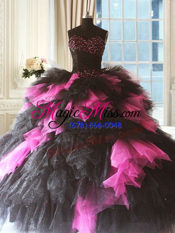wholesale sophisticated pink and black ball gowns tulle sweetheart sleeveless beading and ruffles floor length lace up quinceanera dress
