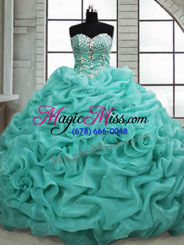 wholesale new style organza sleeveless quince ball gowns brush train and beading and pick ups