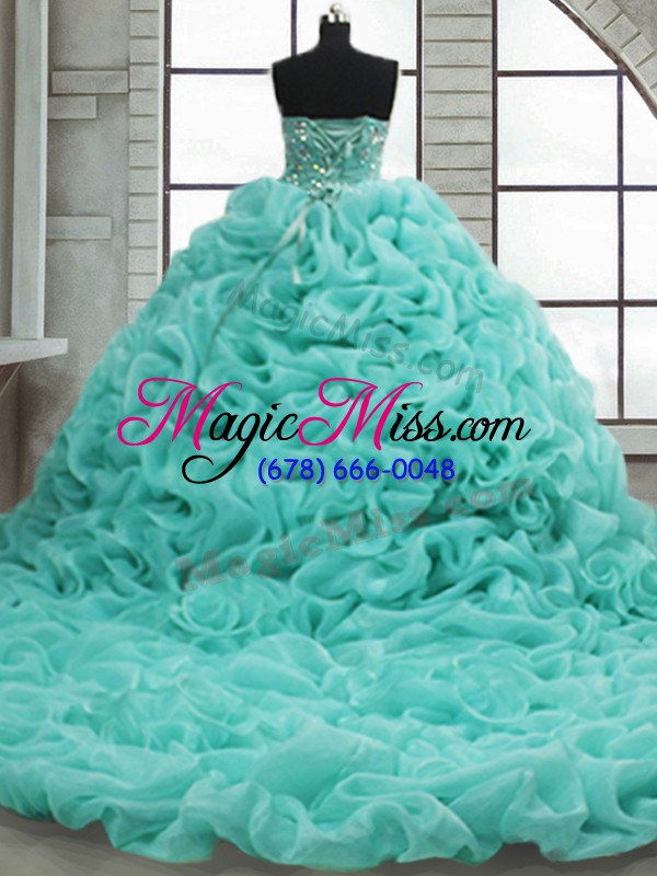 wholesale new style organza sleeveless quince ball gowns brush train and beading and pick ups