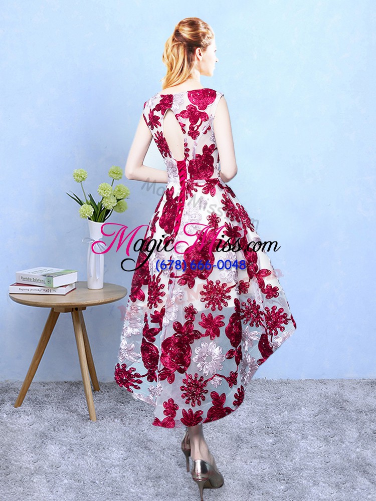wholesale shining printed scoop sleeveless lace up pattern bridesmaid dresses in multi-color
