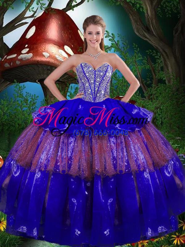 wholesale custom fit royal blue ball gowns sweetheart sleeveless organza floor length lace up beading and ruffled layers 15 quinceanera dress