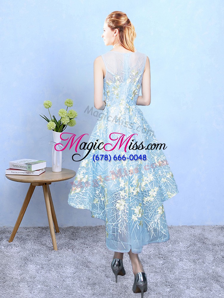 wholesale popular aqua blue organza zipper bridesmaids dress sleeveless high low embroidery