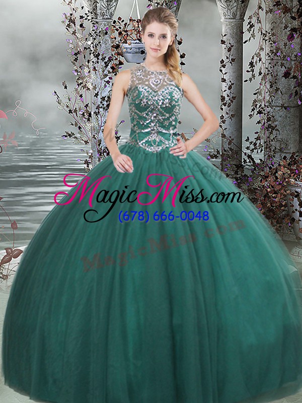 wholesale dark green lace up scoop beading quinceanera dresses tulle sleeveless