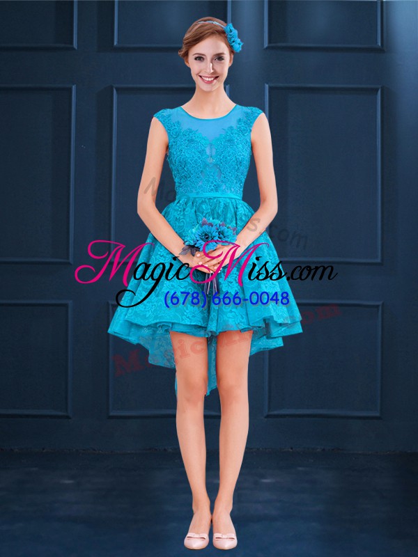 wholesale baby blue a-line satin and lace scoop sleeveless lace high low lace up quinceanera court of honor dress