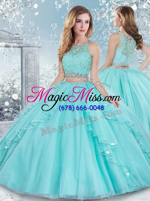 wholesale shining tulle scoop sleeveless clasp handle beading and lace and sequins 15 quinceanera dress in aqua blue