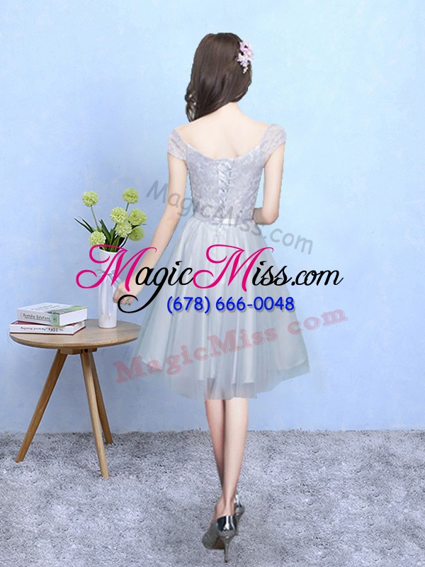wholesale new style silver tulle lace up dama dress for quinceanera cap sleeves knee length lace