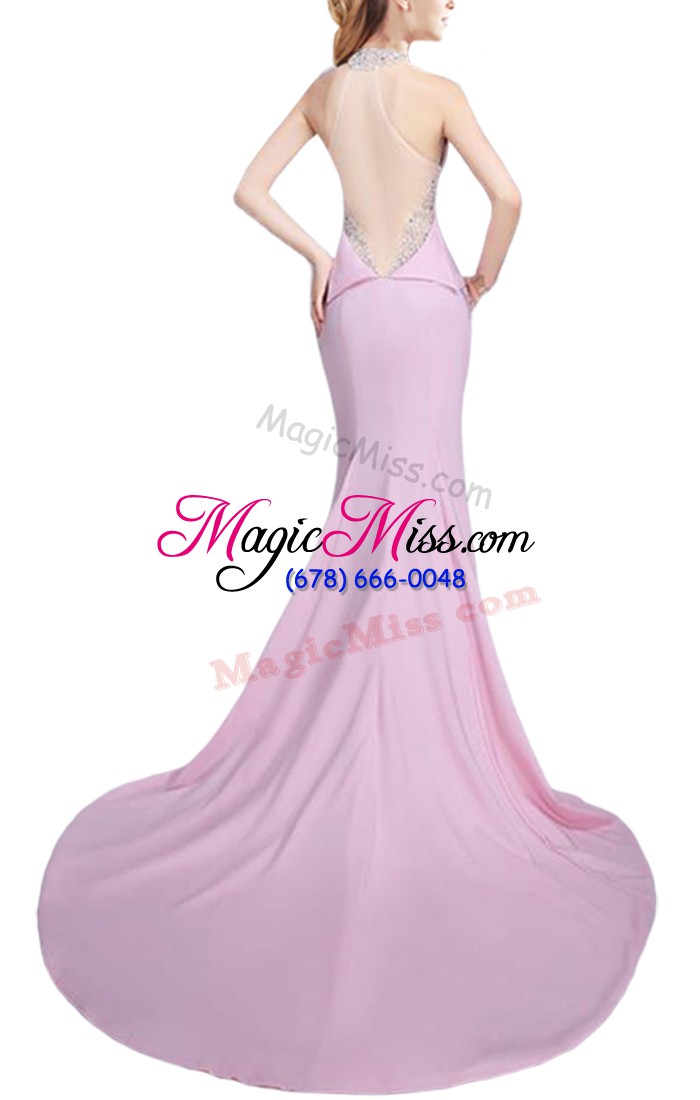 wholesale halter top sleeveless elastic woven satin prom party dress beading brush train side zipper