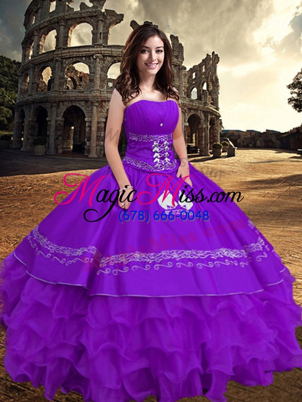 wholesale floor length purple ball gown prom dress strapless sleeveless zipper