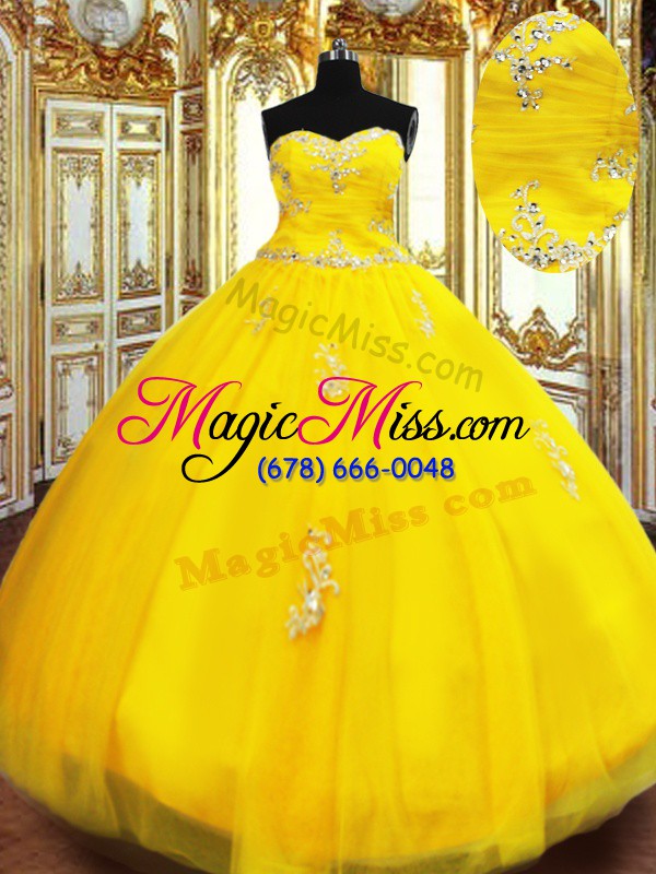 wholesale gold lace up sweetheart beading and appliques vestidos de quinceanera tulle sleeveless