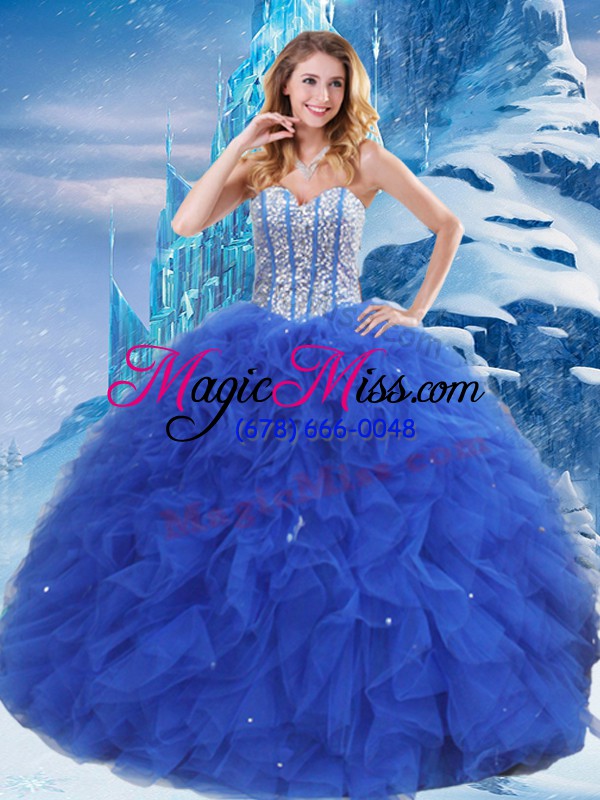 wholesale royal blue sleeveless beading and ruffles and sequins floor length sweet 16 dresses