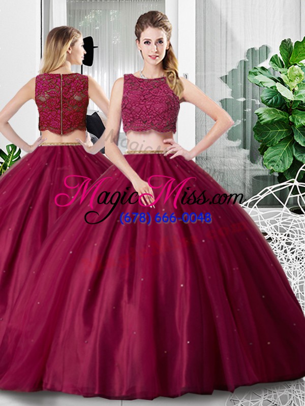 wholesale deluxe sleeveless tulle floor length zipper 15th birthday dress in fuchsia with lace and ruching