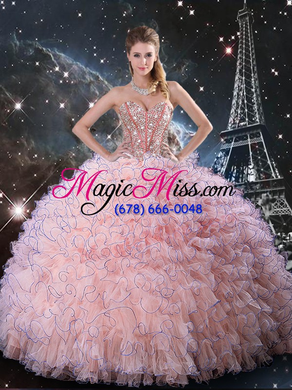 wholesale spectacular baby pink lace up quinceanera dresses beading and ruffles sleeveless floor length