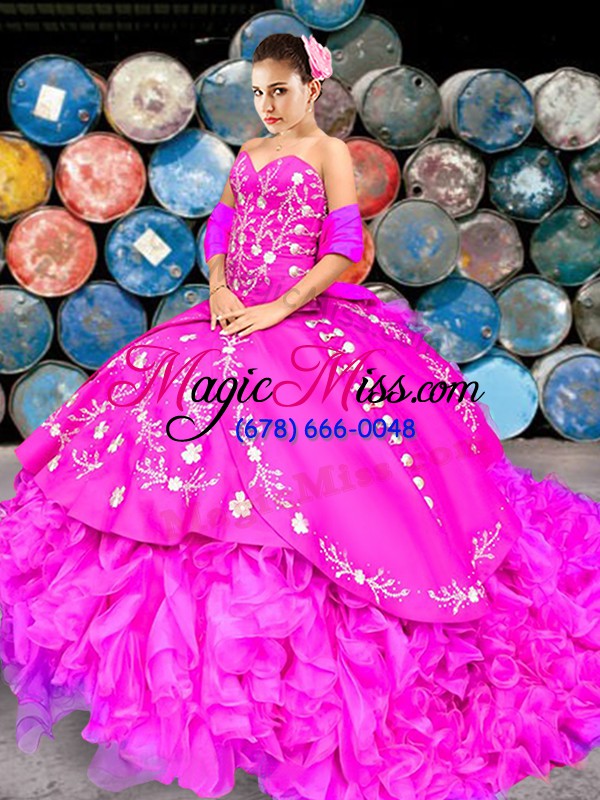 wholesale dramatic fuchsia organza lace up sweetheart sleeveless quinceanera gowns brush train embroidery and ruffles