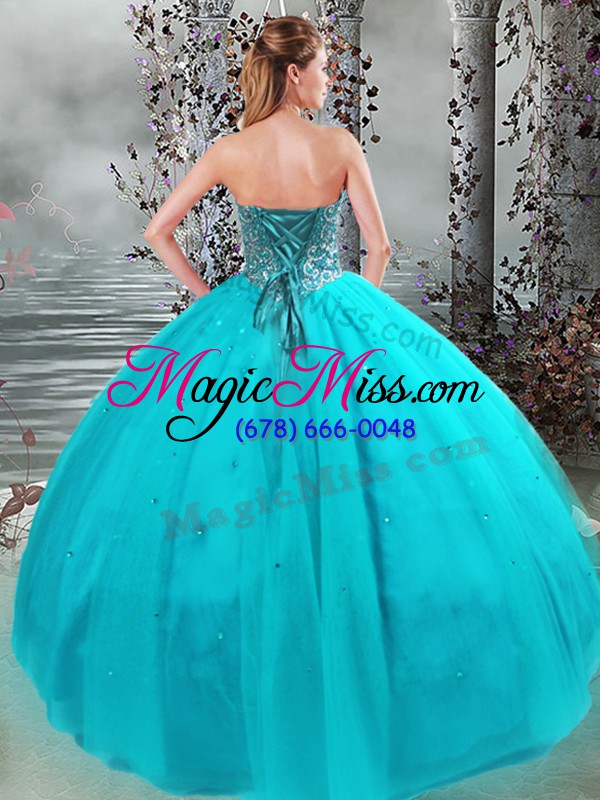 wholesale admirable aqua blue ball gowns sweetheart sleeveless tulle floor length lace up beading quince ball gowns