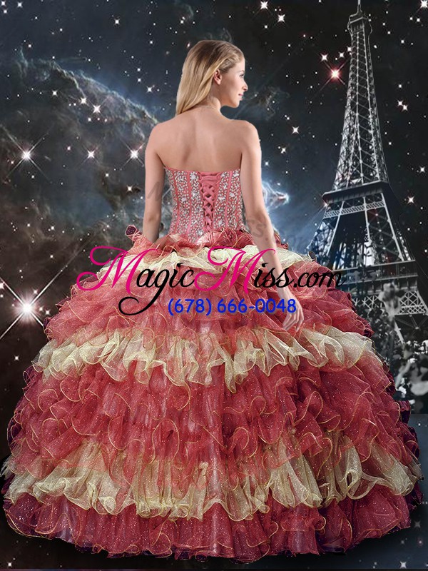 wholesale delicate multi-color sleeveless floor length beading and ruffled layers lace up quinceanera gown