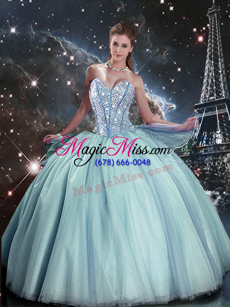 wholesale artistic light blue ball gowns tulle sweetheart sleeveless beading floor length lace up quince ball gowns