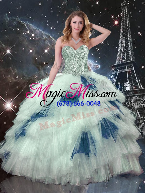 wholesale unique floor length blue and white sweet 16 dresses tulle sleeveless ruffled layers