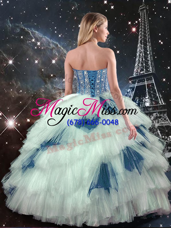 wholesale unique floor length blue and white sweet 16 dresses tulle sleeveless ruffled layers