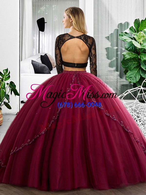 wholesale sophisticated dark green tulle backless scoop long sleeves floor length quince ball gowns lace and ruching