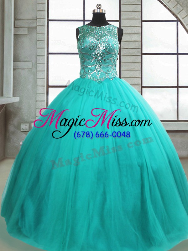wholesale pretty turquoise tulle lace up sweet 16 dress sleeveless floor length beading