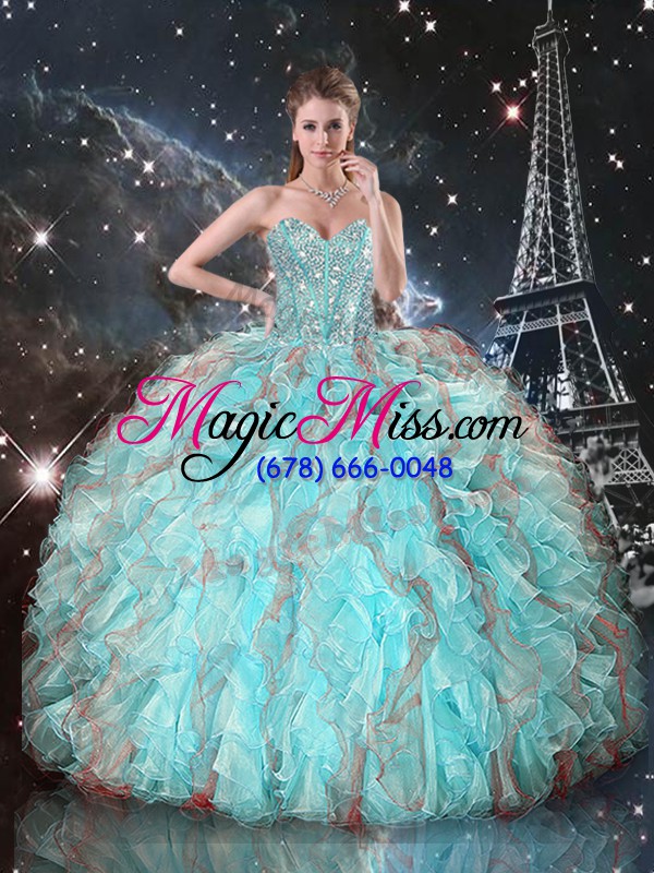 wholesale classical aqua blue quinceanera gown military ball and sweet 16 and quinceanera with beading and ruffles sweetheart sleeveless lace up