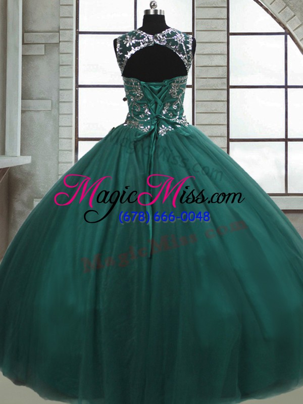 wholesale dark green sleeveless floor length beading lace up quinceanera dress