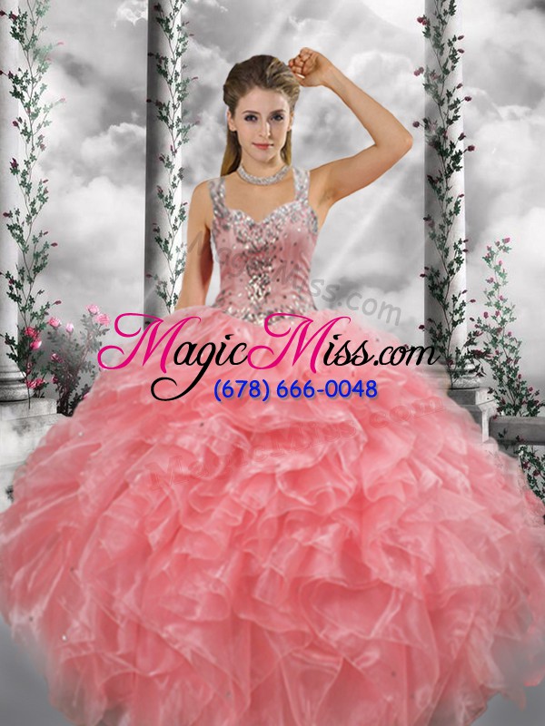 wholesale noble watermelon red sleeveless organza zipper quinceanera gown for military ball and sweet 16 and quinceanera