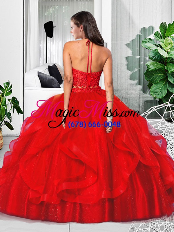 wholesale popular red tulle zipper halter top sleeveless floor length sweet 16 quinceanera dress lace and ruffles