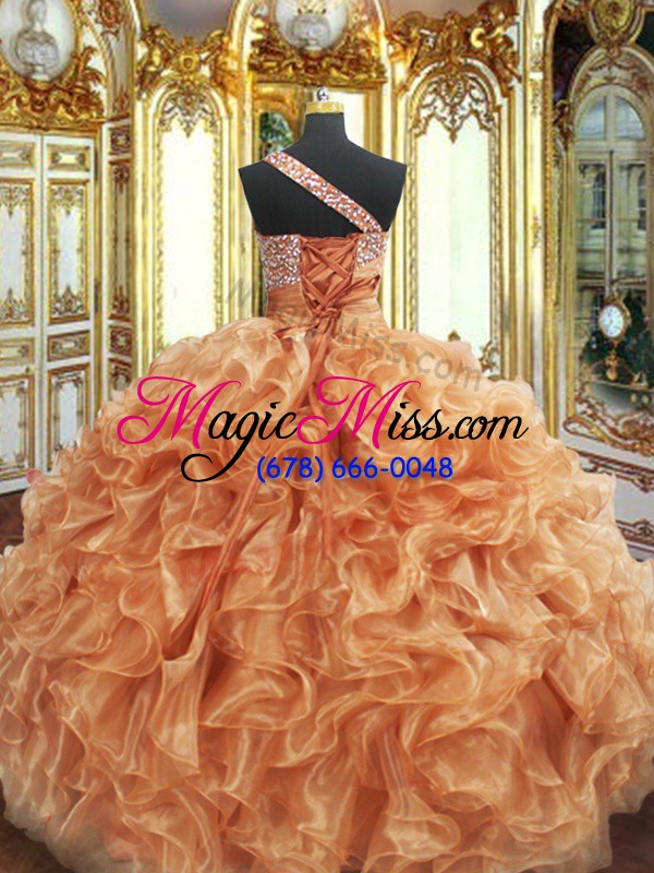 wholesale orange organza lace up one shoulder sleeveless floor length vestidos de quinceanera beading and ruffles